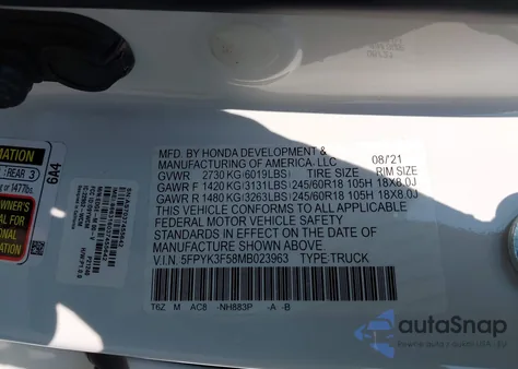 2021 Honda Ridgeline Awd Rtl z USA, uszkodzony, nr VIN 5FPYK3F58MB023963